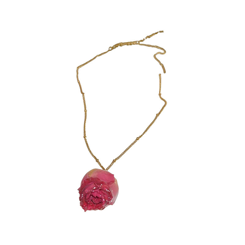 Women's Steel Dried Rose Real Flower Ear Suit Princess Style Clavicle Jewelry Set