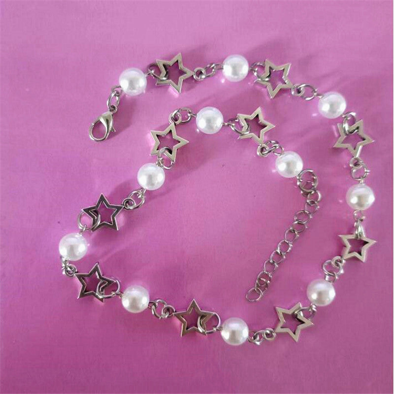 Pop Punk Hollow Pentagram Imitation Pearl Necklace