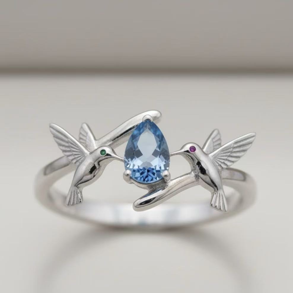Women's Water Drop Lake Blue Diamond Magpie Happy Ring