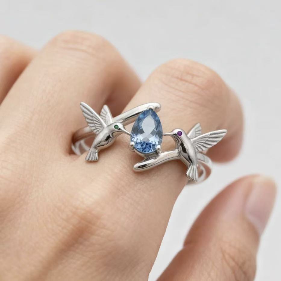 Women's Water Drop Lake Blue Diamond Magpie Happy Ring
