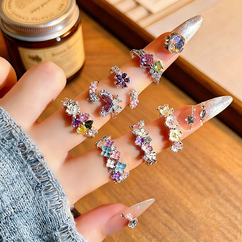 Matching Colored Gems Enamel Dopamine Flower Sweet Zircon Gentle White Rings