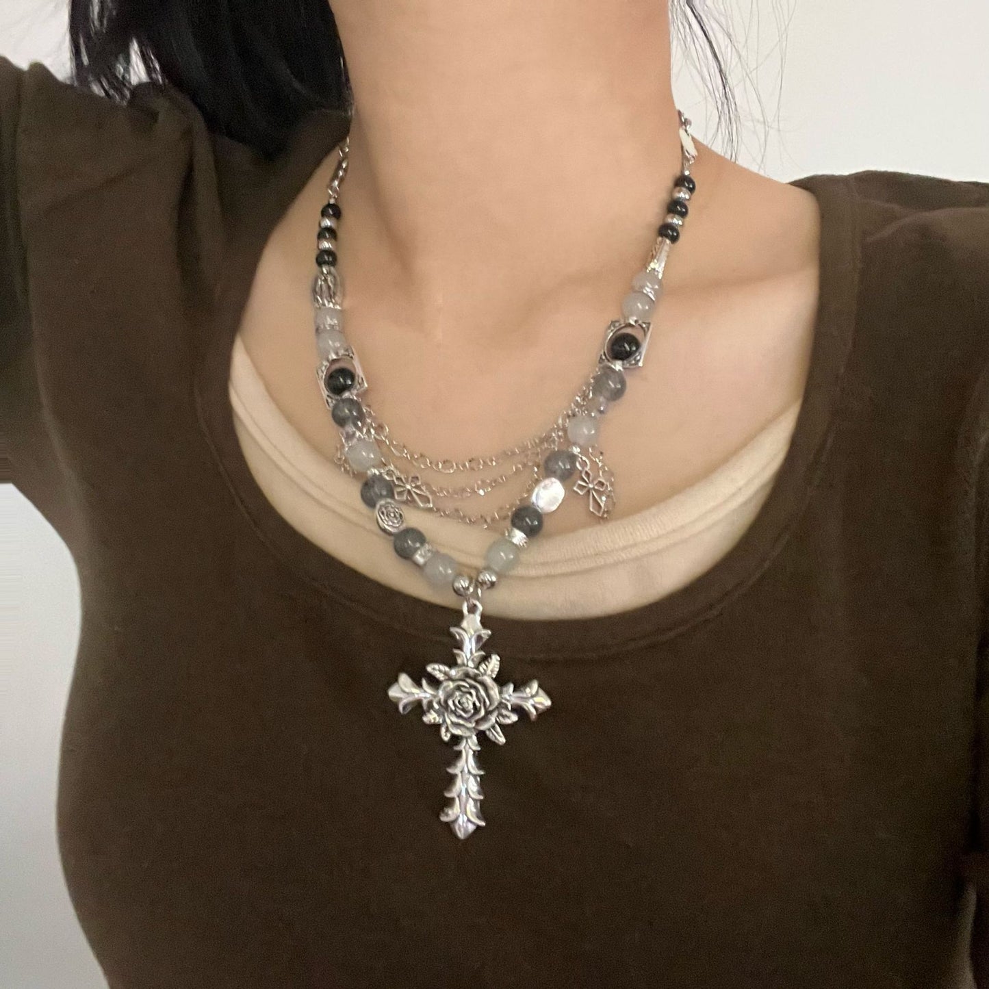 Cross Simple Vintage Design Dark Beaded Necklaces