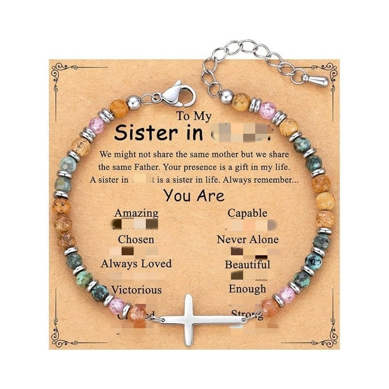 Women's Natural Stone Beaded Cross Lobster Buckle Adjustable Band Bracelet