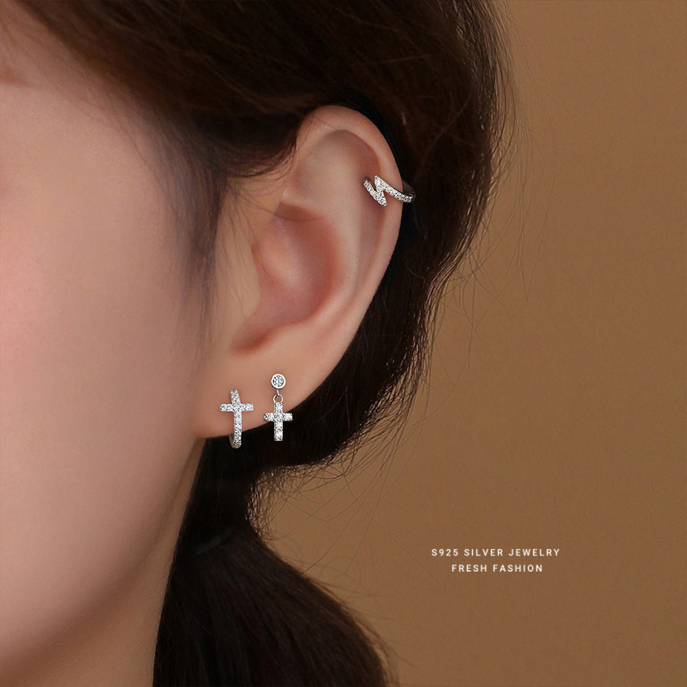 Women's Cold Style Zircon Cross Sterling Sier Korean Trendy Earrings