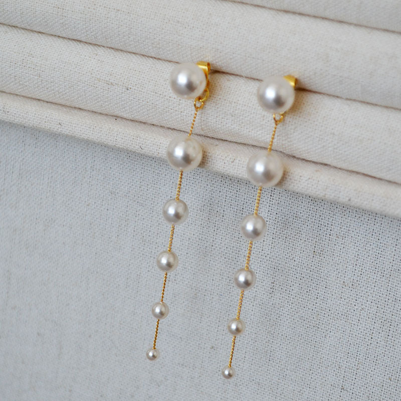 Women's Gradient Large Small Pearls Tassel Sier Earrings