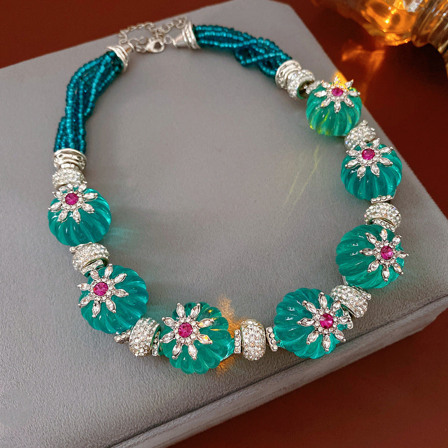 Style Turquoise Blue Diamond Flower Ear Light Luxury Minority Clavicle Necklaces