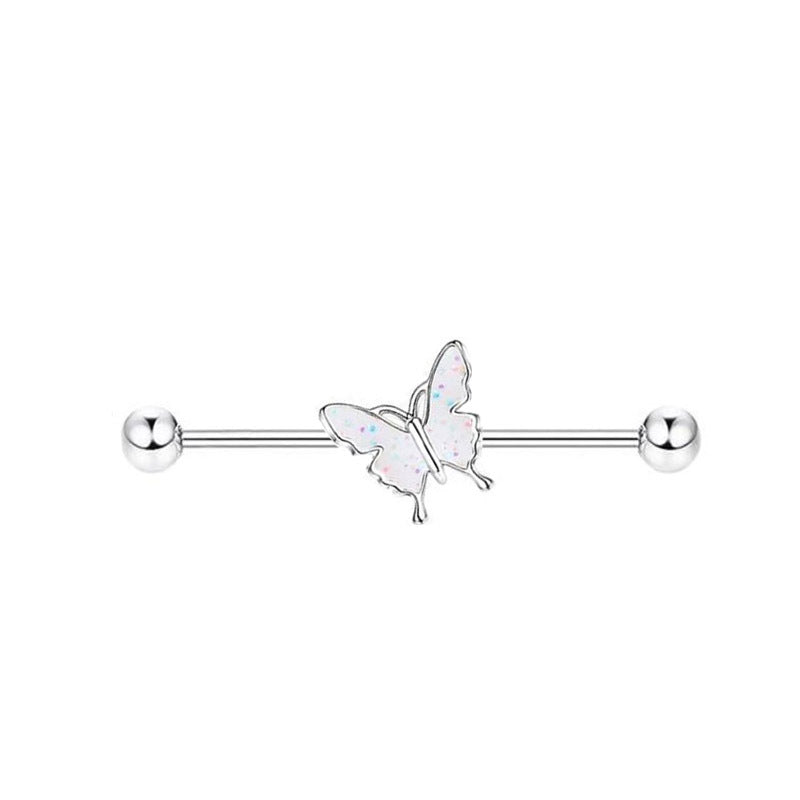 Simple Industrial Barbell Ear External Thread Piercing Dripping Butterfly Bridge Stud Earrings