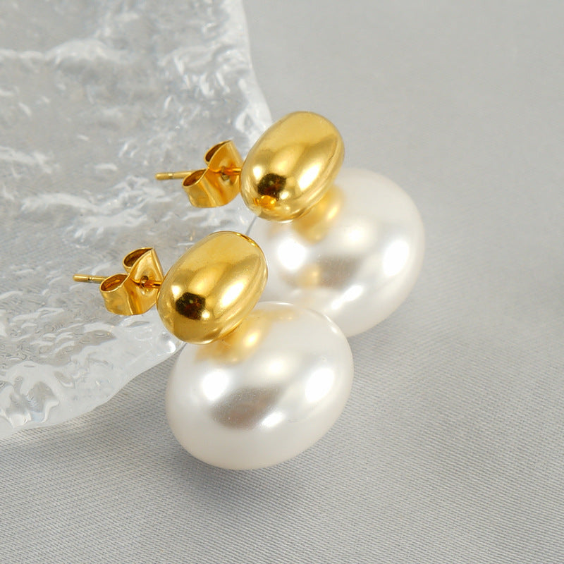 Women's Fashion Stainless Steel Pearl Retro Light Stud Earrings