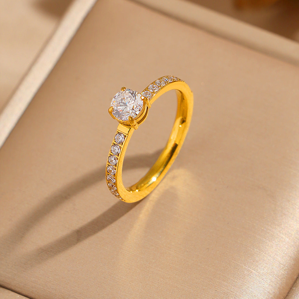 Women's & Men's Titanium Steel Gold-plated Female White Diamond Zircon Couple Proposal Rings
