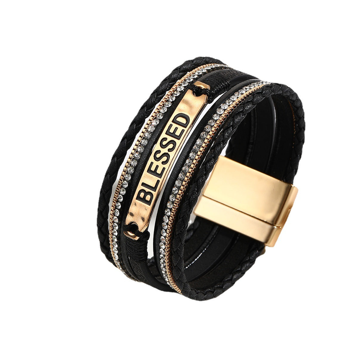 Style Leather Carrying Strap Alloy Multilayer Diamond Bangle Bracelets