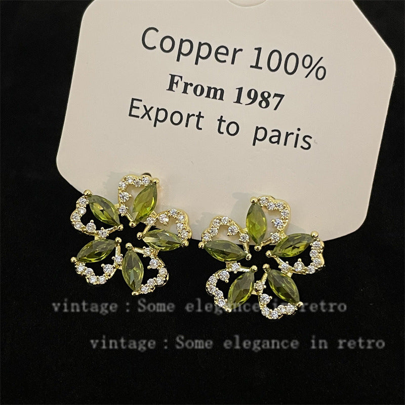 Green Zircon Flower Female Summer Light Luxury Temperament Rings