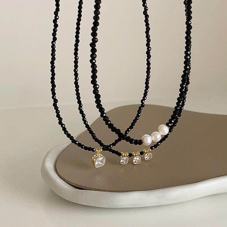 Women's High-grade Black Crystal Zirconium Diamond Pearl Design Sense Necklaces