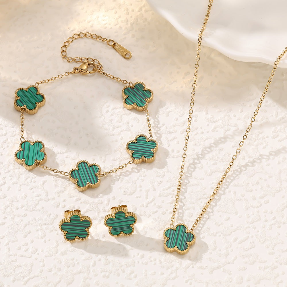 Women's Fashion Stainless Steel Five-leaf Flower Double-sided Jewelry Set