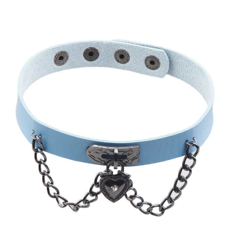 Dark Punk Heart Leather Chain Neck Band Peach Style Collar