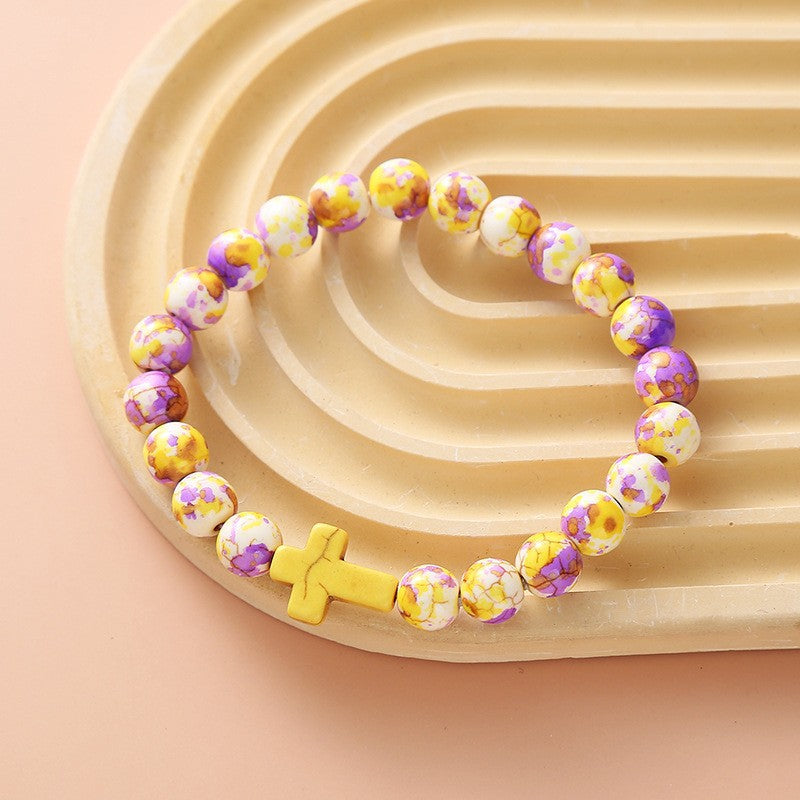 Women's Hand Cross Color Wooden Bead Beaded Bracelet