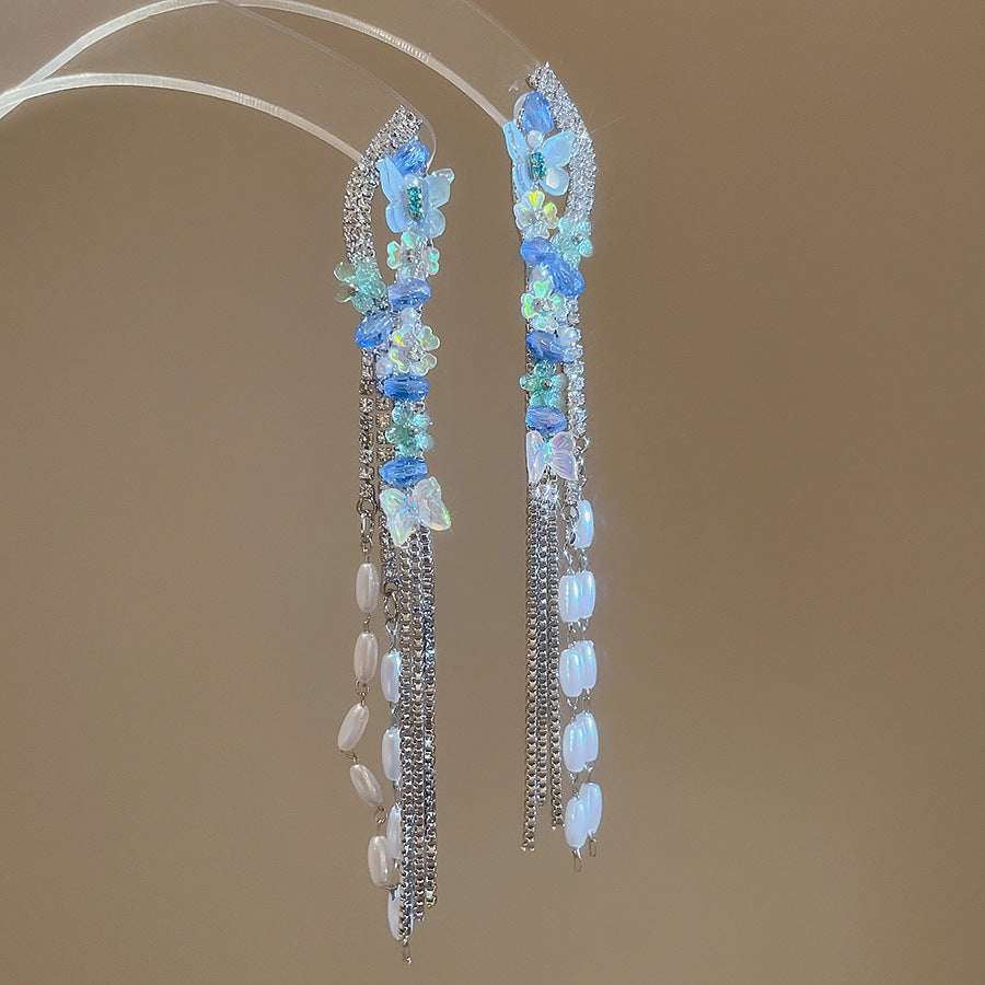 Women's Fresh Blue Fabric Flower Tassel Seaside Vacation Style Light Stud Earrings