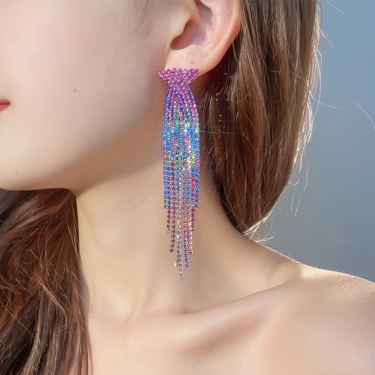Semicircle Blue Tassel Rhinestone Long Ear Earrings
