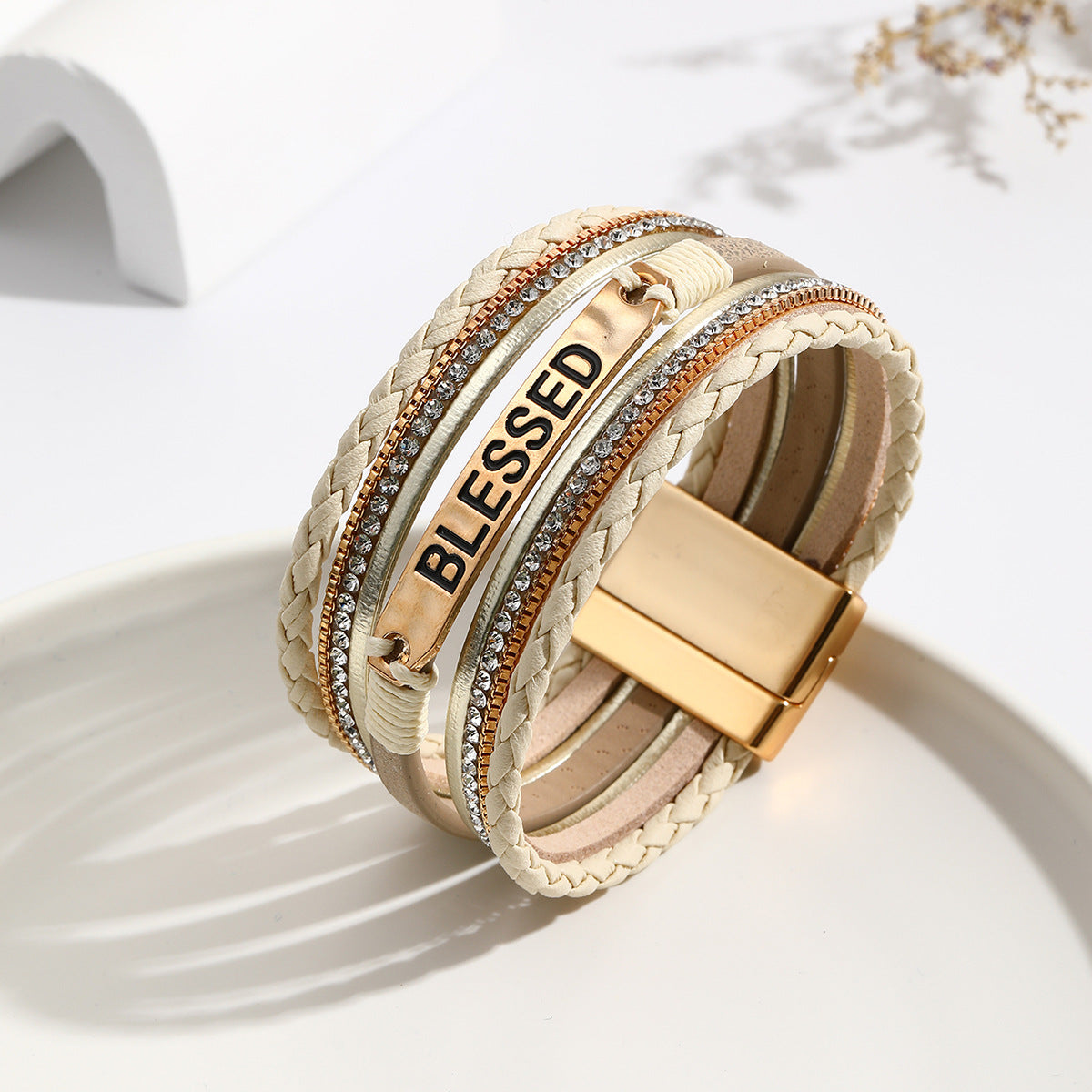 Style Leather Carrying Strap Alloy Multilayer Diamond Bangle Bracelets