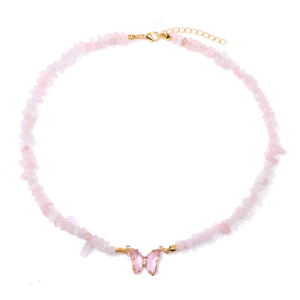 Women's Stone Gravel Beads Simple Butterfly Gem Necklaces