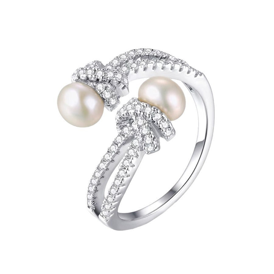 Women's Shining Diamond Steamed Bread Pearl Cross Gentle Temperament High Sense Ring