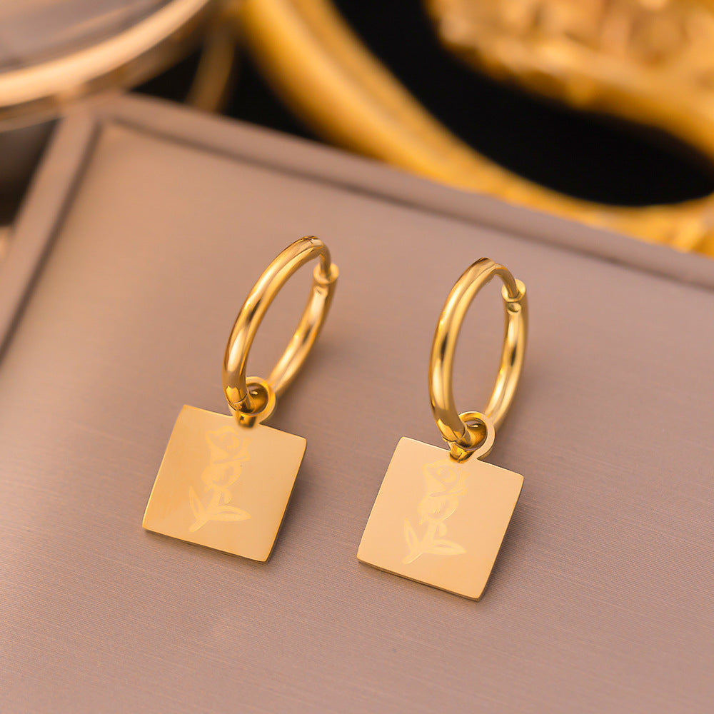 Rose Flower Square Portrait Elizabeth Gold Coin Titanium Steel Earrings