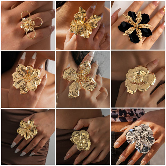 Women's Enamel Flower Open Golden Petal Design Rings