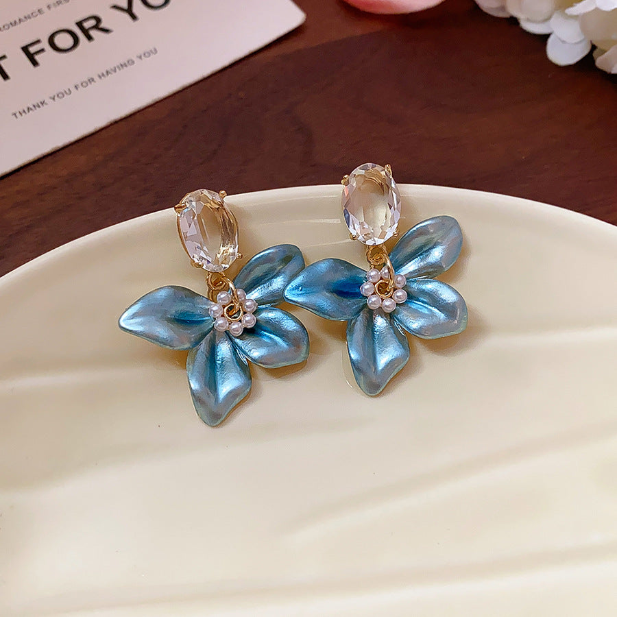Blue Crystal Butterfly Flower Fashion Simple Fresh Light Luxury High Earrings