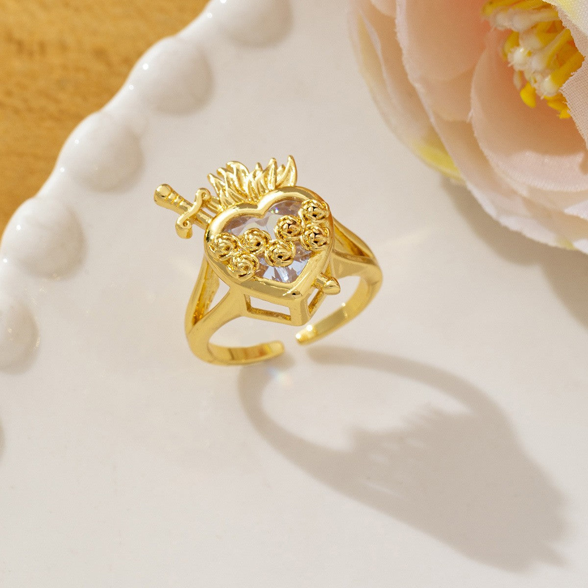Temperament High Sense Loving Heart With Opening Adjustable Super Flash Ring