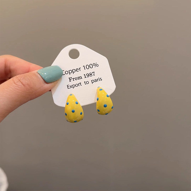 Custard Polka Dot Drop Oil Half Stud Earrings