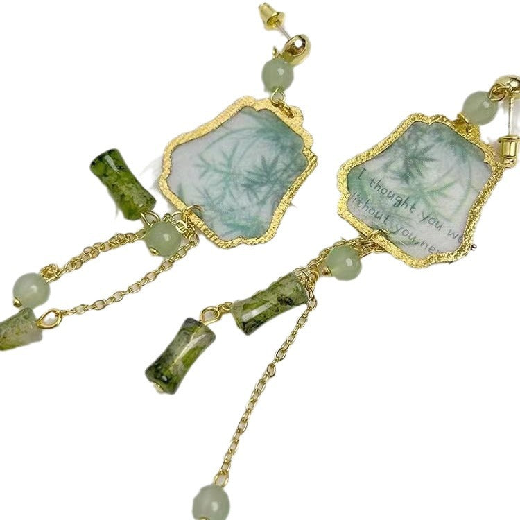 Women's Style National Fashion Enamel Long Tassel Ancient Jade Bamboo Flower Stud Earrings