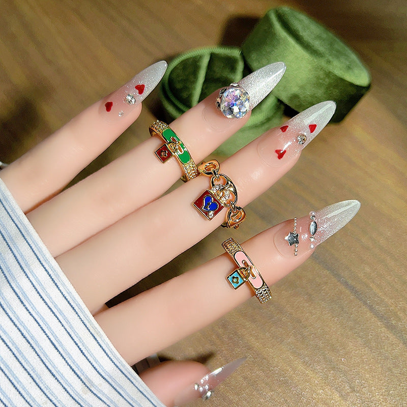 Retro Color Enamel Lock Pig Nose Open-end Zircon Ring