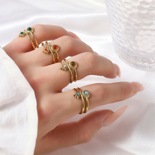 French Counter Titanium Steel Red Agate Natural Stone Female Rings
