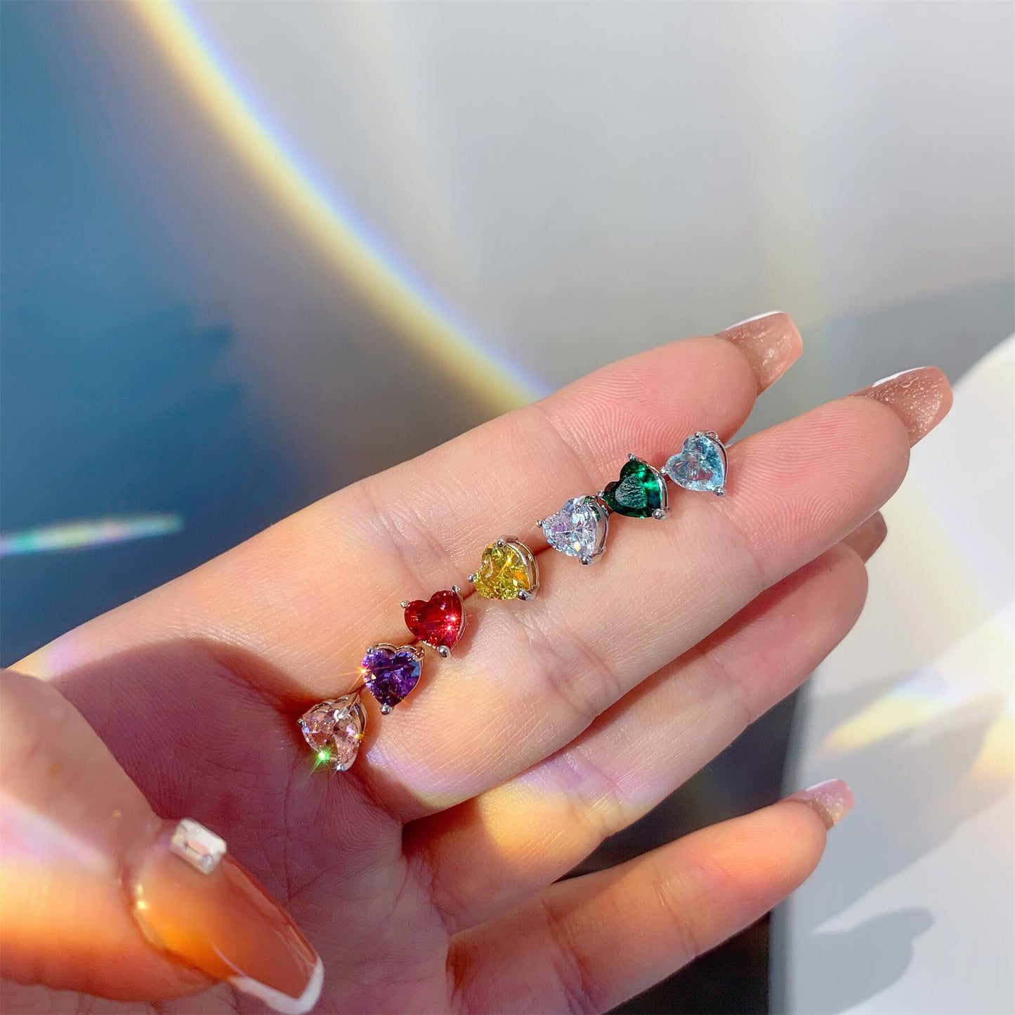 Women's Needle French Style Temperament Colored Loving Heart Zircon Earrings