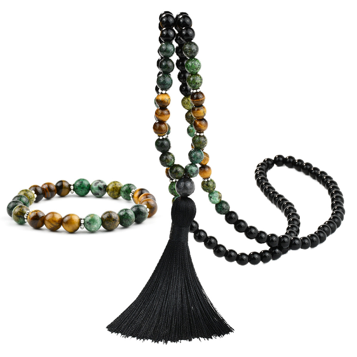 Women's Vintage Black Stone Natural Beaded Long Tassel Sweater Jewelry Set