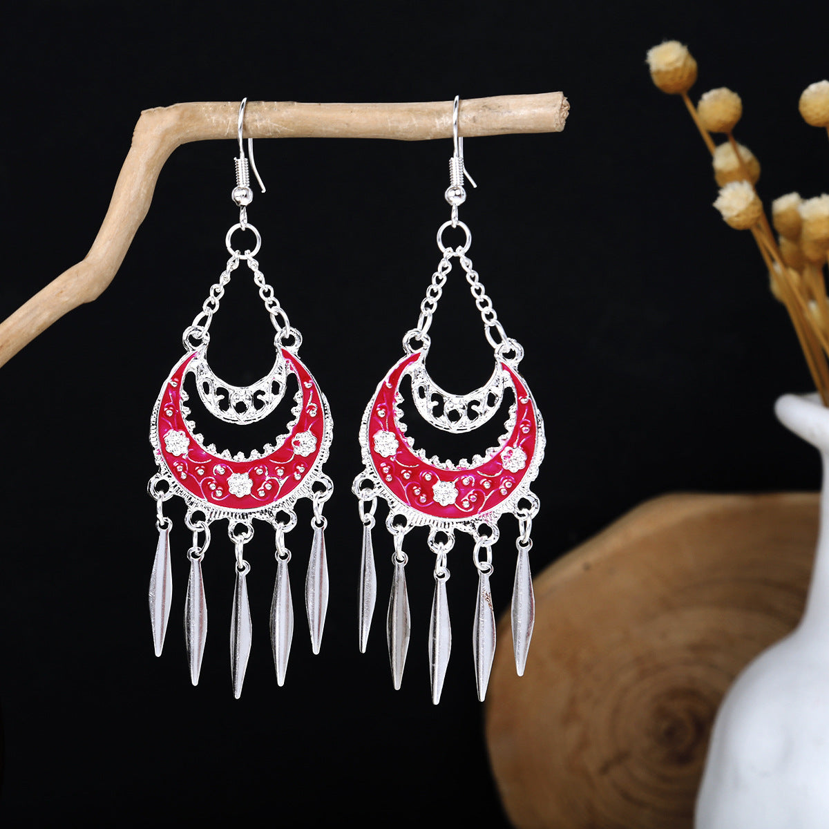 Miao Sier Colorful Long Feather Tassel Rings
