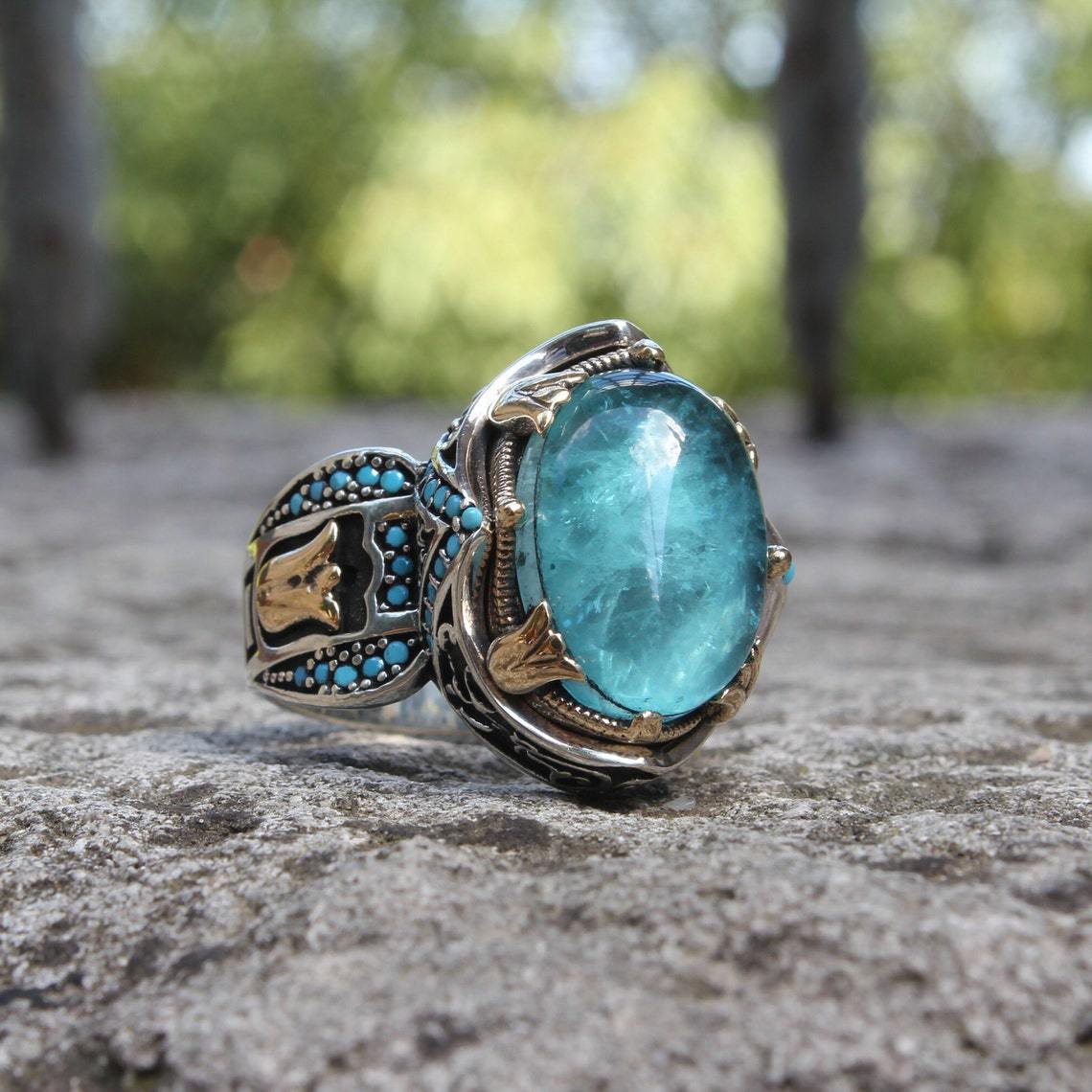 Blue With Carve Patterns Gemstone Two-tone Ring