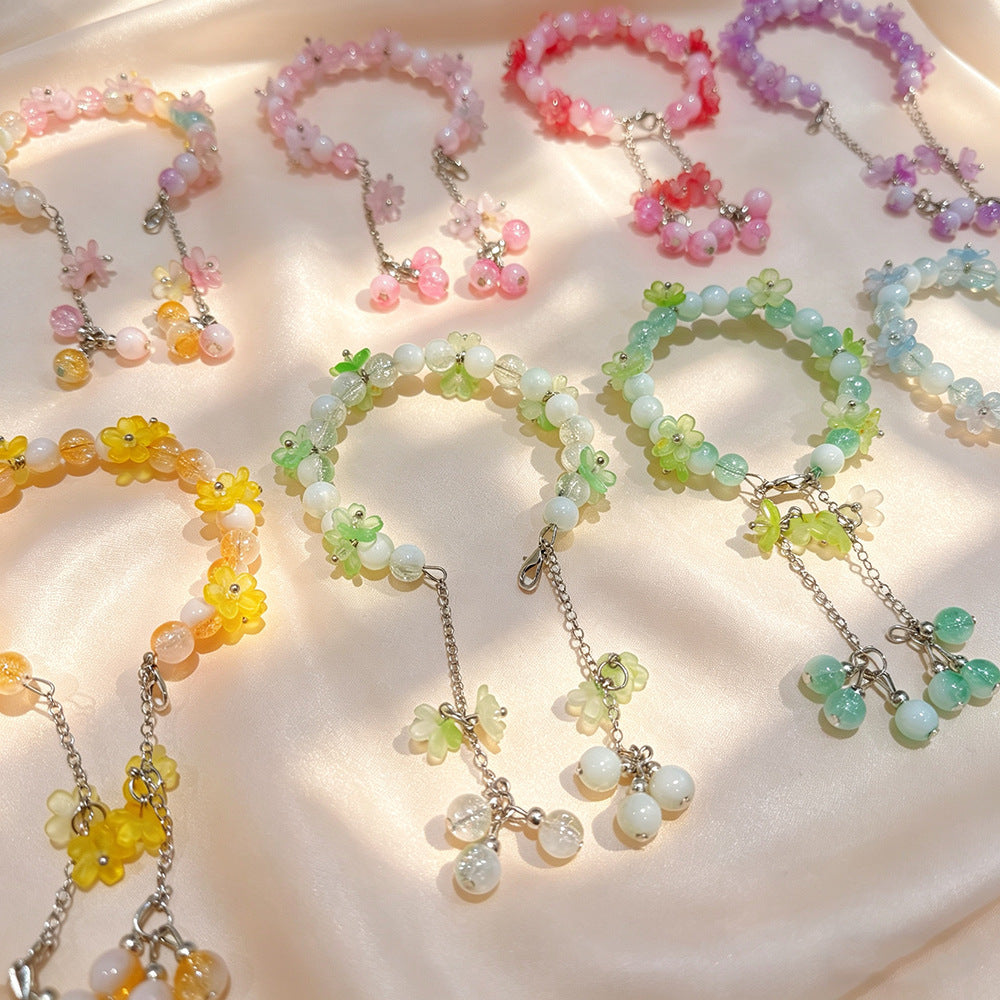 Mori Style Flower Green Super Temperament Show White Crystal Bracelet