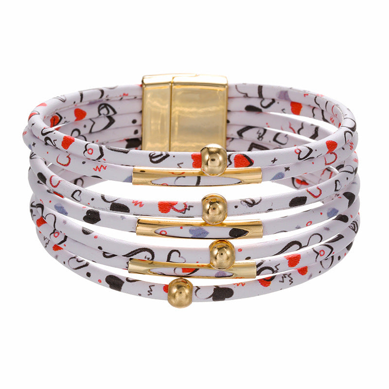 Print Magnetic Buckle Leather String Beads Rope Bracelets