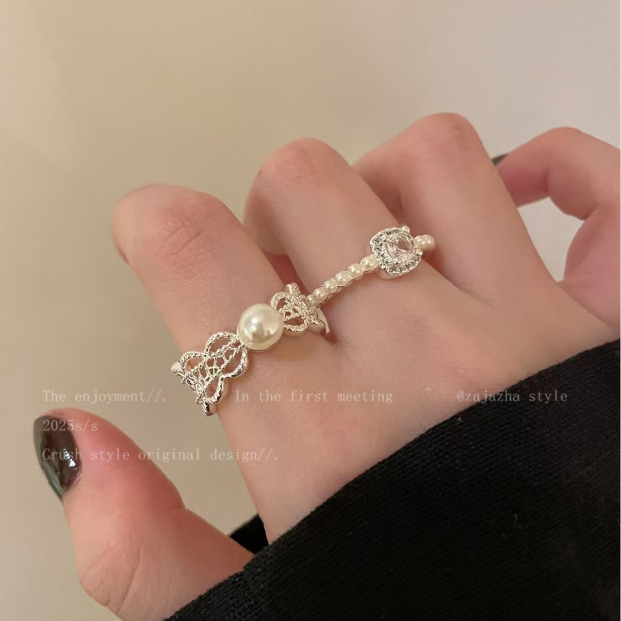 Pearl Zircon Female Design Open Adjustable Rings