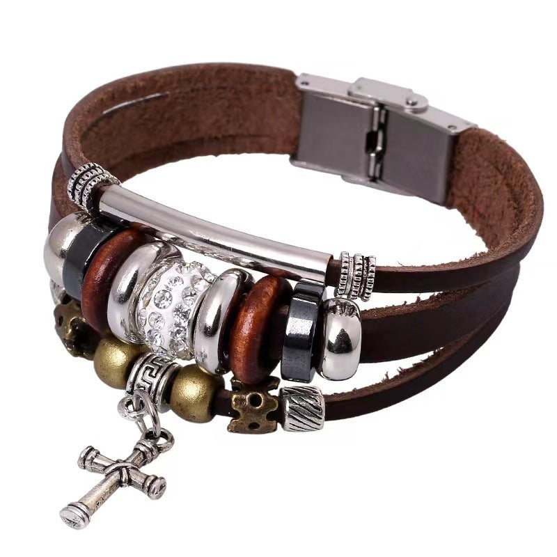 Men's Variety Of Cattle Leather Woven Gift Retro Stainless Steel Bracelet