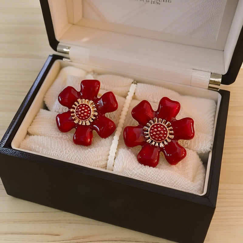 Red Glaze Flowers Retro Simple Versatile Stud Earrings