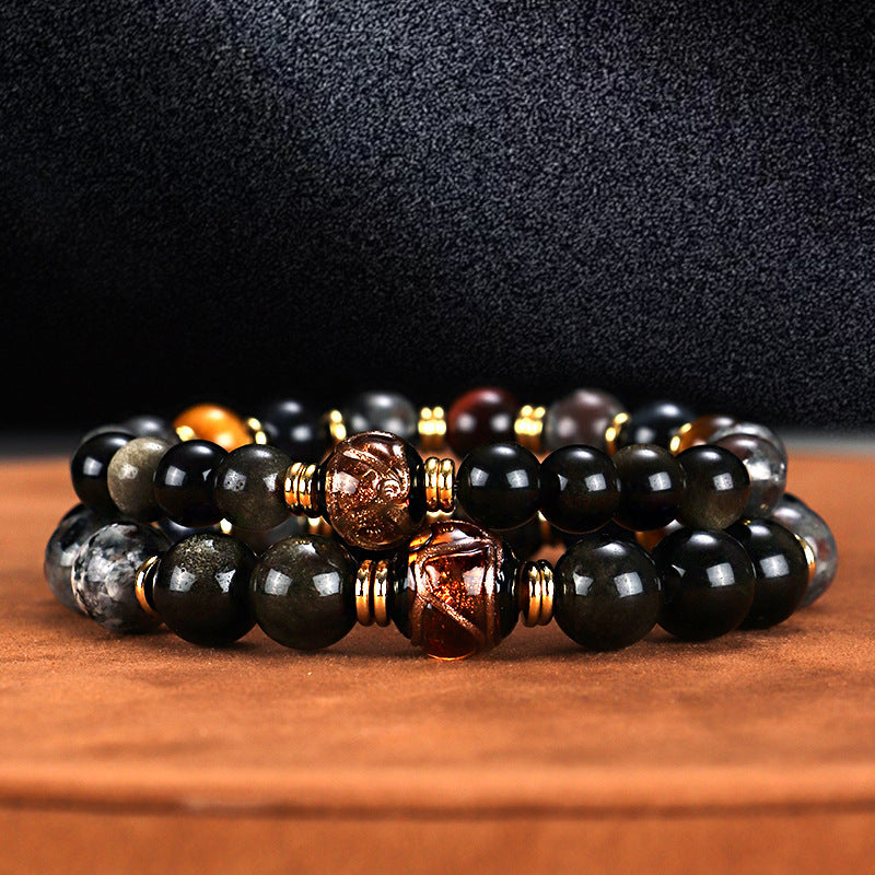 Flame Stone Gold Obsidian Beaded Couple Female Bracelets