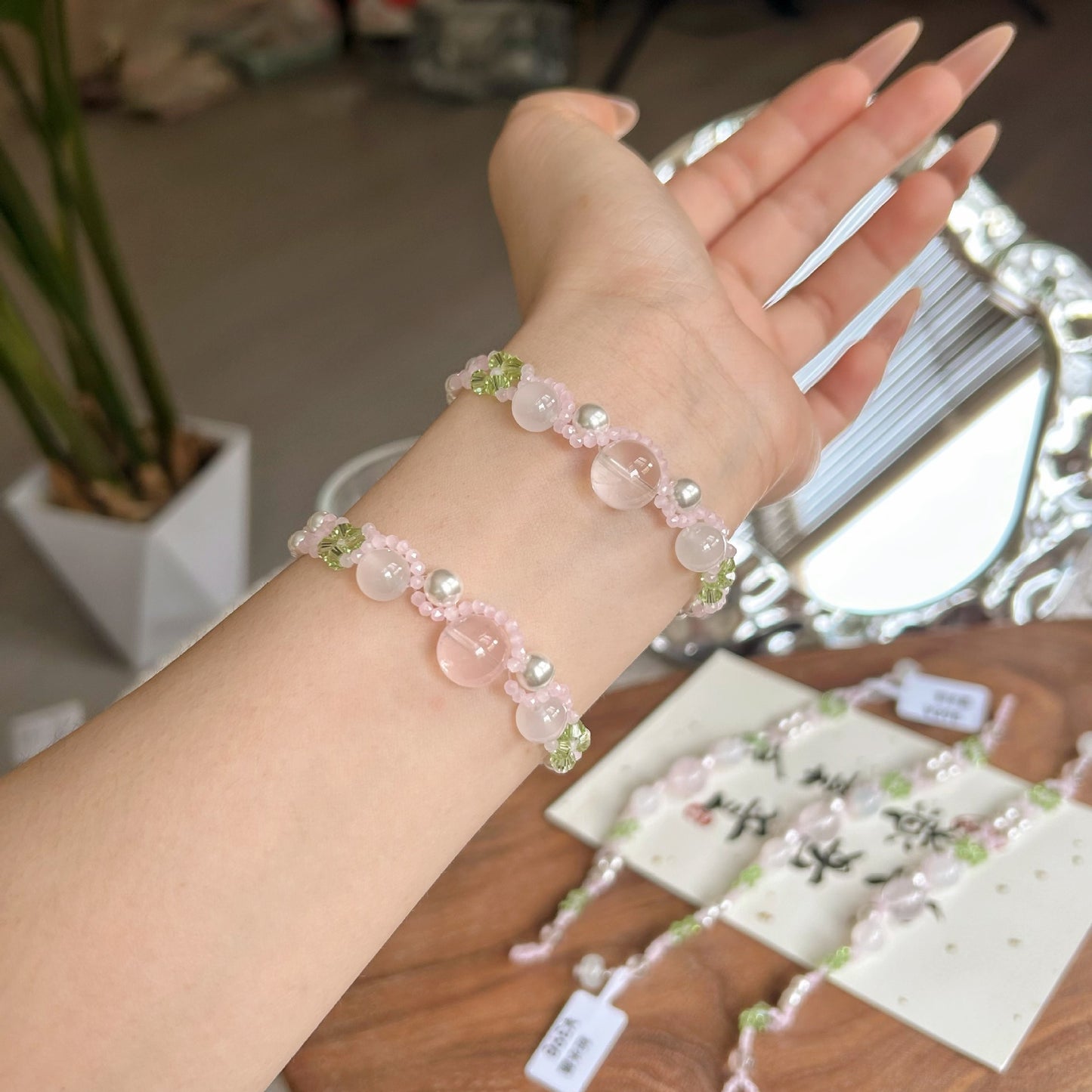 Pink Crystal Woven Small Flower Handmade Beaded Fresh Cute Niche Bracelet
