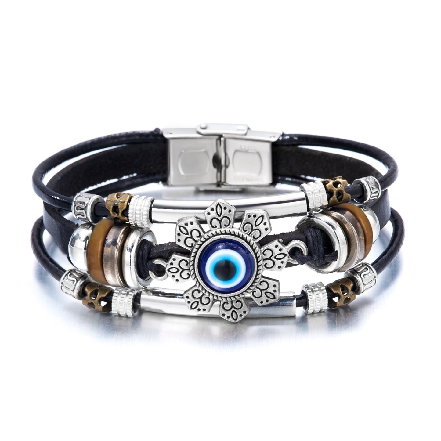 Style Turquoise Leather Vintage Flower Rhombus Crystal Tubular Bracelet