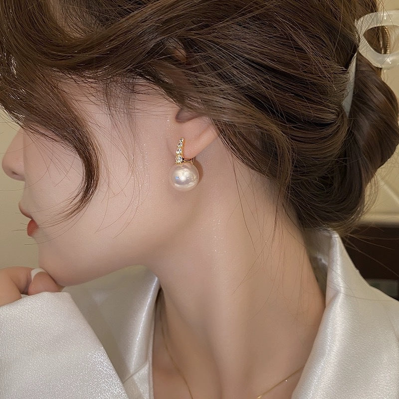 French Style Rhinestone Pink Pearl Ear Clip Elegant High-grade Exquisite Earrings