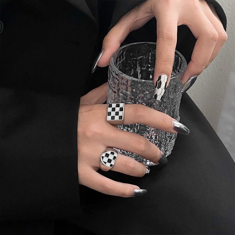 Chessboard Plaid Drip Glazed Open Female Summer Niche Design Cold Ring