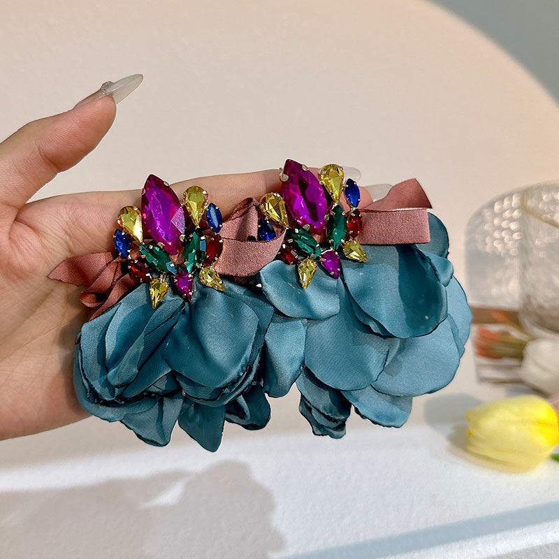 Handmade Fabric Crystal Flower Fashion Exaggerating Eardrops Earrings