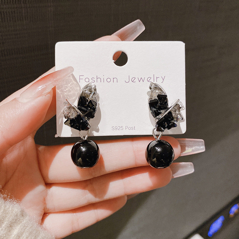 Women's Needle French Style Temperament Crystal Leaf Pearl Simple Ball Earrings
