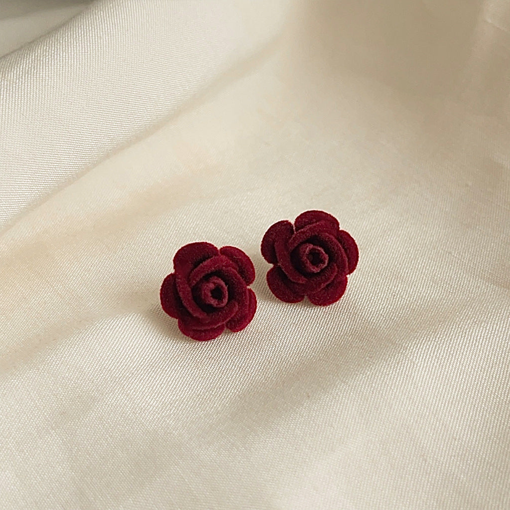 Women's French Style Wine Red Flocking Artistic Earrings