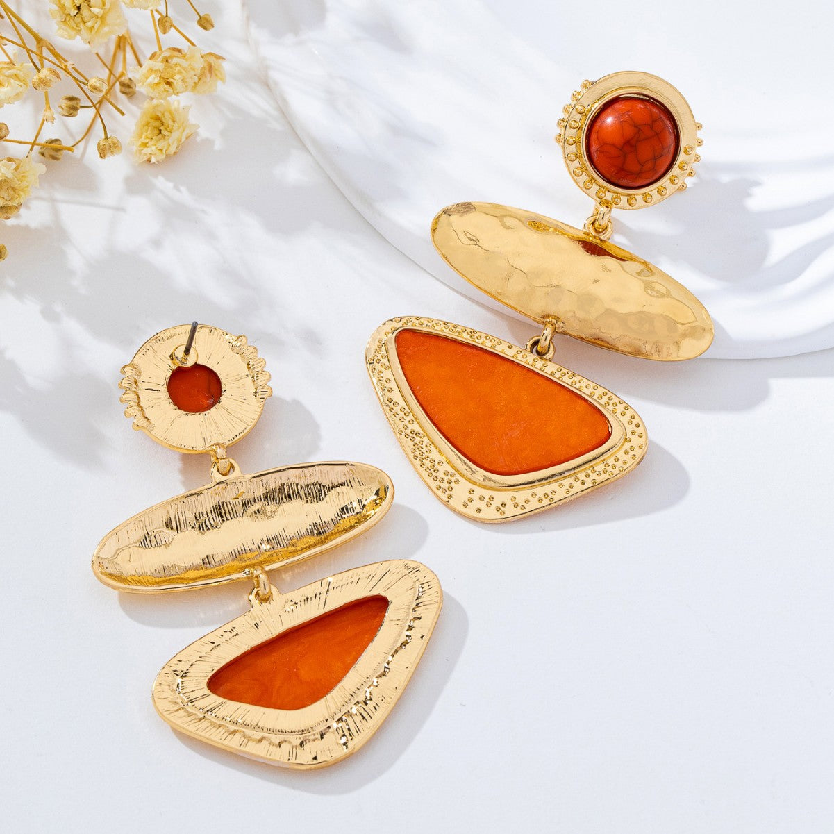 Style Geometric Hammered Metal Orange Stone Long Niche Earrings